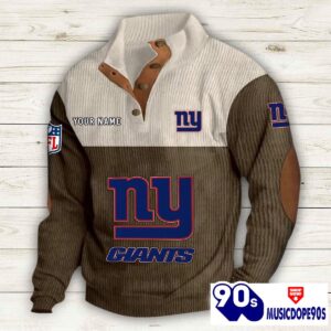 New York Giants Button Up Shirts Stand Collar Long Sleeve Shirt Elbow Patches