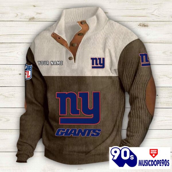 New York Giants Button Up Shirts Stand Collar Long Sleeve Shirt Elbow Patches