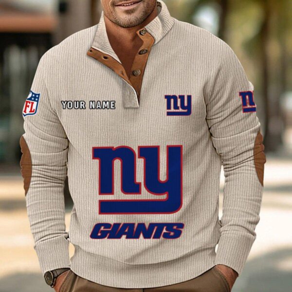 New York Giants Button Up Shirts Stand Collar Long Sleeve Shirt Elbow Patches