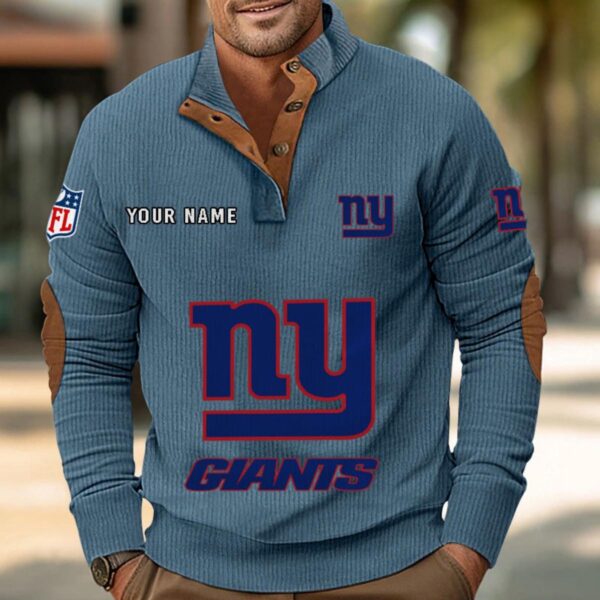 New York Giants Button Up Shirts Stand Collar Long Sleeve Shirt Elbow Patches
