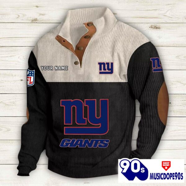New York Giants Button Up Shirts Stand Collar Long Sleeve Shirt Elbow Patches