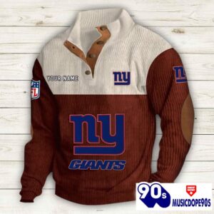 New York Giants Button Up Shirts Stand Collar Long Sleeve Shirt Elbow Patches