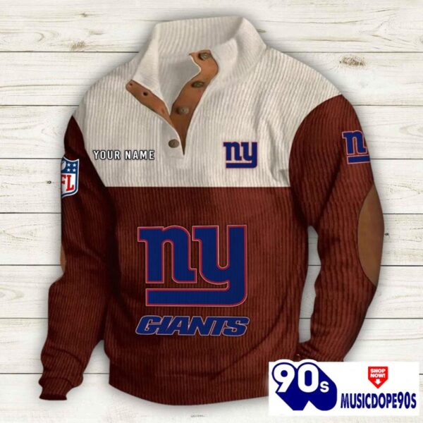 New York Giants Button Up Shirts Stand Collar Long Sleeve Shirt Elbow Patches