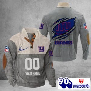 New York Giants Vintage Button Up Shirts Stand Collar Long Sleeve Shirt Elbow Patches