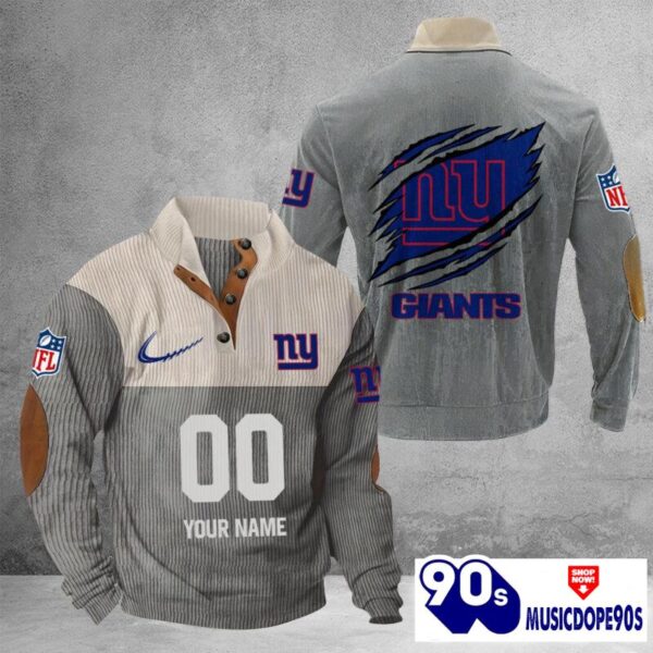 New York Giants Vintage Button Up Shirts Stand Collar Long Sleeve Shirt Elbow Patches
