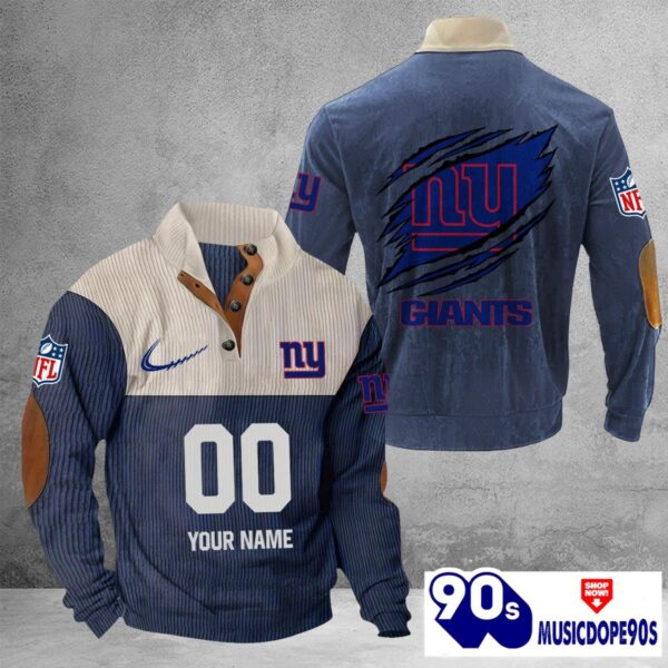 New York Giants Vintage Button Up Shirts Stand Collar Long Sleeve Shirt Elbow Patches