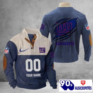 New York Giants Vintage Button Up Shirts Stand Collar Long Sleeve Shirt Elbow Patches