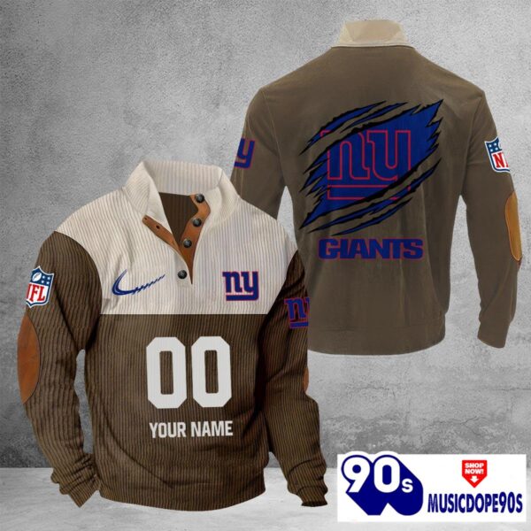 New York Giants Vintage Button Up Shirts Stand Collar Long Sleeve Shirt Elbow Patches