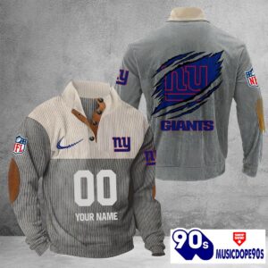 New York Giants Vintage Button Up Shirts Stand Collar Long Sleeve Shirt Elbow Patches