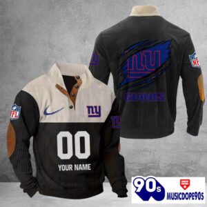 New York Giants Vintage Button Up Shirts Stand Collar Long Sleeve Shirt Elbow Patches