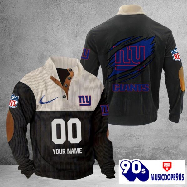 New York Giants Vintage Button Up Shirts Stand Collar Long Sleeve Shirt Elbow Patches