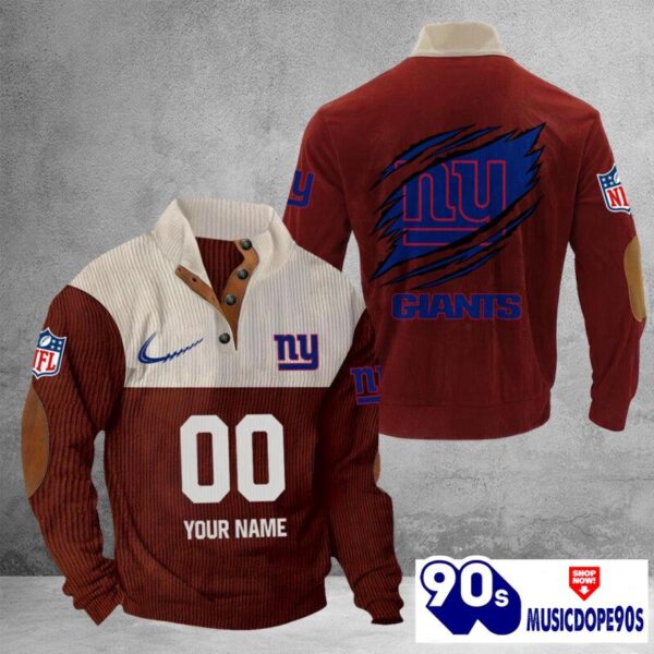 New York Giants Vintage Button Up Shirts Stand Collar Long Sleeve Shirt Elbow Patches