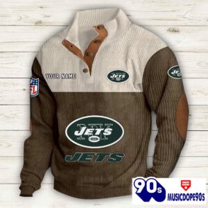 New York Jets Button Up Shirts Stand Collar Long Sleeve Shirt Elbow Patches