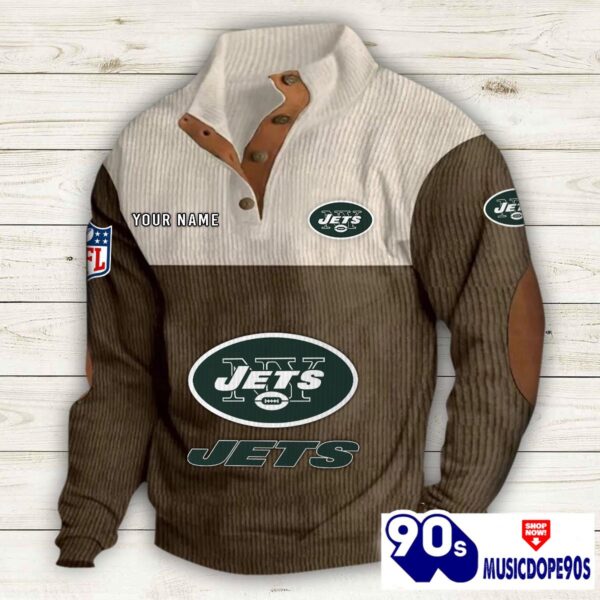 New York Jets Button Up Shirts Stand Collar Long Sleeve Shirt Elbow Patches