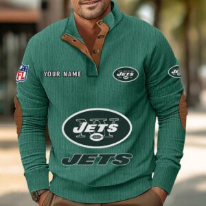 New York Jets Button Up Shirts Stand Collar Long Sleeve Shirt Elbow Patches
