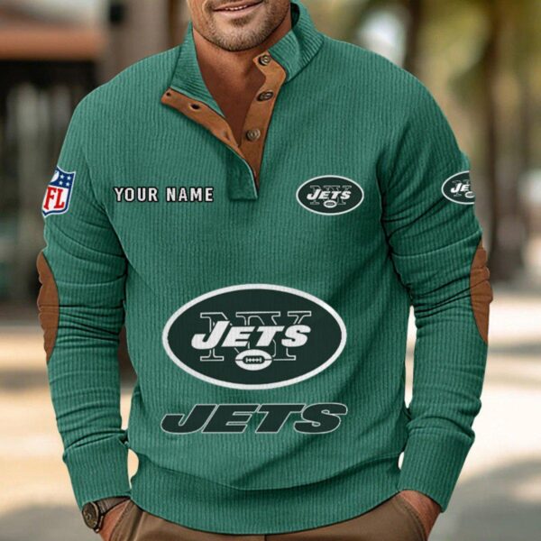 New York Jets Button Up Shirts Stand Collar Long Sleeve Shirt Elbow Patches