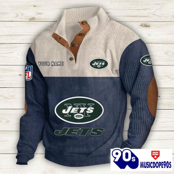 New York Jets Button Up Shirts Stand Collar Long Sleeve Shirt Elbow Patches