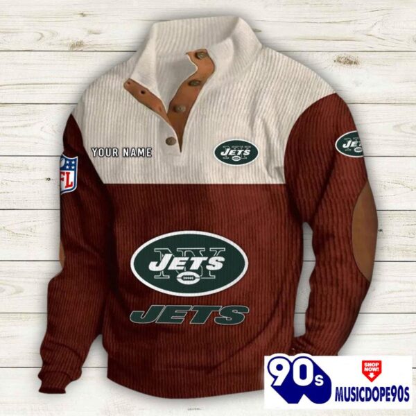 New York Jets Button Up Shirts Stand Collar Long Sleeve Shirt Elbow Patches