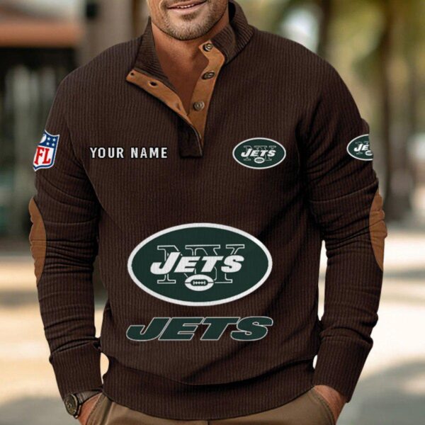 New York Jets Button Up Shirts Stand Collar Long Sleeve Shirt Elbow Patches