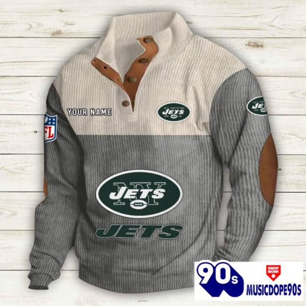 New York Jets Button Up Shirts Stand Collar Long Sleeve Shirt Elbow Patches