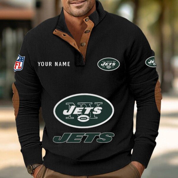New York Jets Button Up Shirts Stand Collar Long Sleeve Shirt Elbow Patches