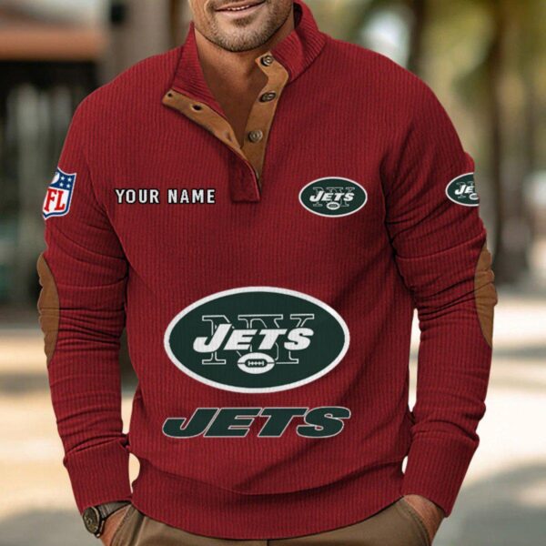 New York Jets Button Up Shirts Stand Collar Long Sleeve Shirt Elbow Patches
