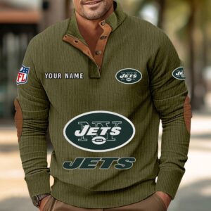 New York Jets Button Up Shirts Stand Collar Long Sleeve Shirt Elbow Patches