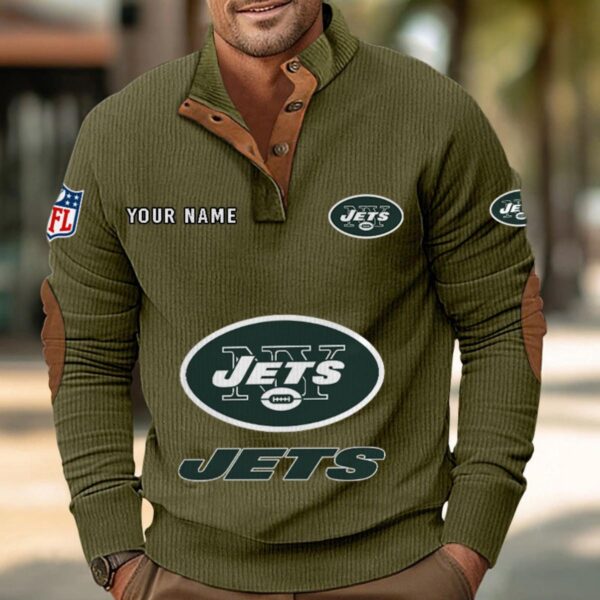New York Jets Button Up Shirts Stand Collar Long Sleeve Shirt Elbow Patches