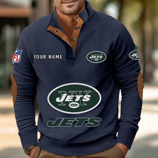 New York Jets Button Up Shirts Stand Collar Long Sleeve Shirt Elbow Patches