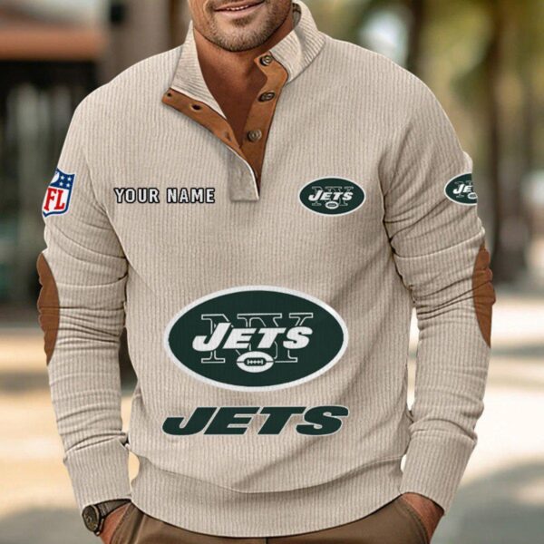 New York Jets Button Up Shirts Stand Collar Long Sleeve Shirt Elbow Patches