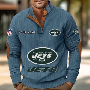 New York Jets Button Up Shirts Stand Collar Long Sleeve Shirt Elbow Patches