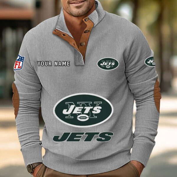 New York Jets Button Up Shirts Stand Collar Long Sleeve Shirt Elbow Patches