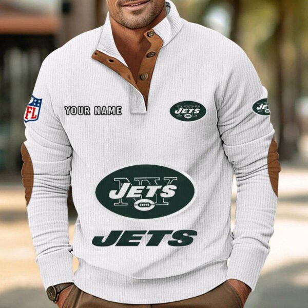 New York Jets Button Up Shirts Stand Collar Long Sleeve Shirt Elbow Patches