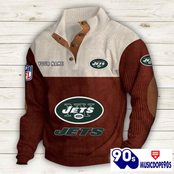 New York Jets Button Up Shirts Stand Collar Long Sleeve Shirt Elbow Patches