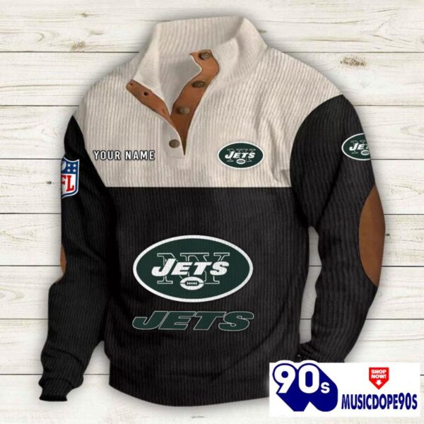 New York Jets Button Up Shirts Stand Collar Long Sleeve Shirt Elbow Patches