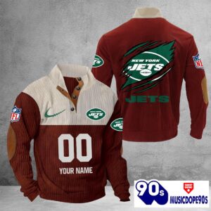 New York Jets Vintage Button Up Shirts Stand Collar Long Sleeve Shirt Elbow Patches