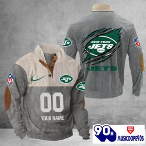 New York Jets Vintage Button Up Shirts Stand Collar Long Sleeve Shirt Elbow Patches