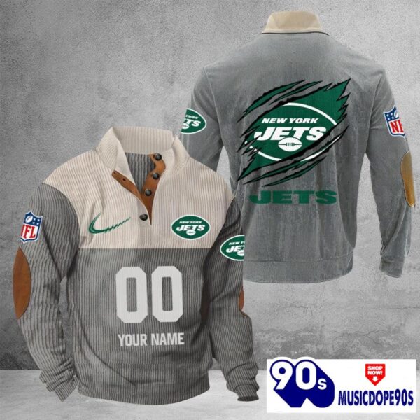 New York Jets Vintage Button Up Shirts Stand Collar Long Sleeve Shirt Elbow Patches