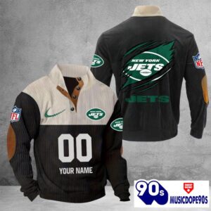 New York Jets Vintage Button Up Shirts Stand Collar Long Sleeve Shirt Elbow Patches