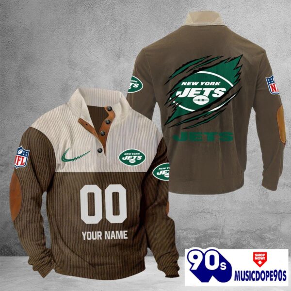 New York Jets Vintage Button Up Shirts Stand Collar Long Sleeve Shirt Elbow Patches