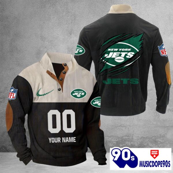 New York Jets Vintage Button Up Shirts Stand Collar Long Sleeve Shirt Elbow Patches