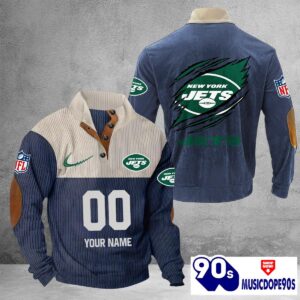 New York Jets Vintage Button Up Shirts Stand Collar Long Sleeve Shirt Elbow Patches