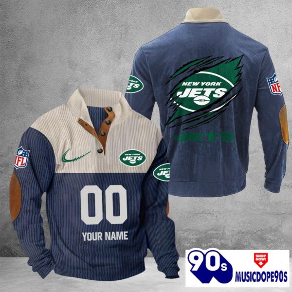 New York Jets Vintage Button Up Shirts Stand Collar Long Sleeve Shirt Elbow Patches