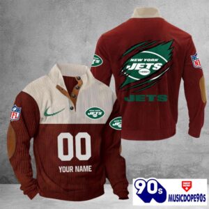 New York Jets Vintage Button Up Shirts Stand Collar Long Sleeve Shirt Elbow Patches