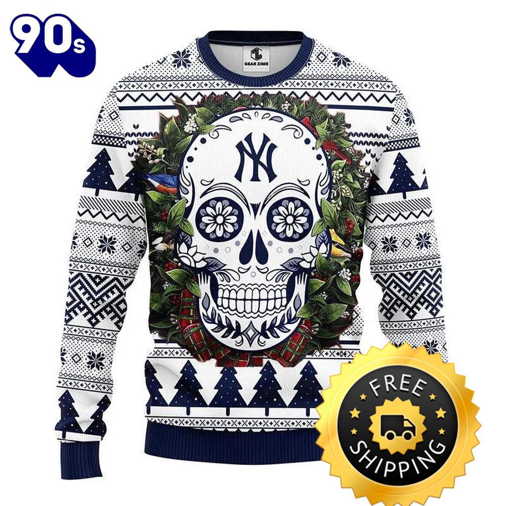 New York Yankees Skull Flower Ugly Christmas Sweater, New York Yankees Ugly Sweater, MLB Christmas Sweater New York Yankees Skull Flower Ugly Christmas Sweater, New York Yankees Ugly Sweater, MLB Christmas Sweater