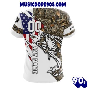 NFL Las Vegas Raiders Custom Name Number Fishing With Flag Of USA T-Shirt 1 NFL Las Vegas Raiders Custom Name Number Fishing With Flag Of USA T-Shirt