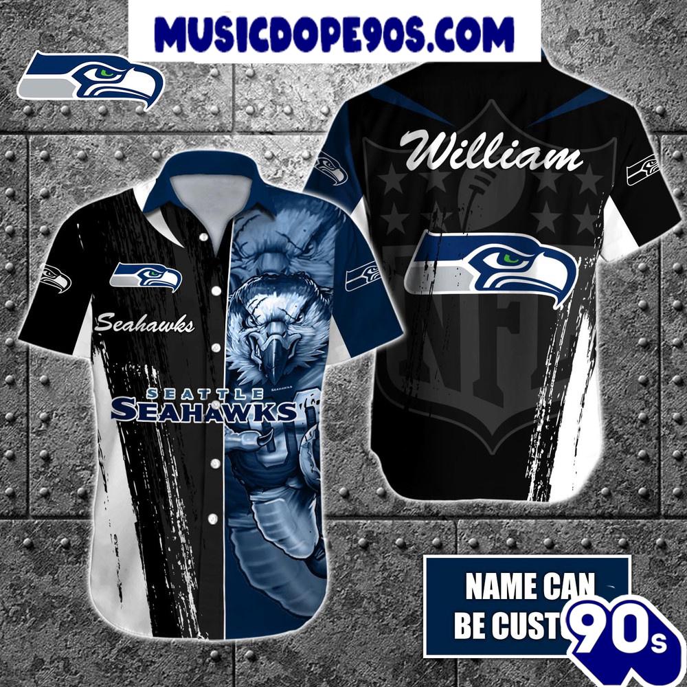 NFL Seattle Seahawks Custom Name Special Half Tone Mascot Hawaiian Shirt NFL Seattle Seahawks Custom Name Special Half Tone Mascot Hawaiian Shirt
