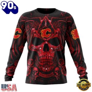 NHL Calgary Flames Special Design Halloween With Skull Art Hoodie, T Shirt , Trending NHL 3D Tee Nhl Calgary Flames Special Design Halloween With Skull Art Hoodie T Shirt 3