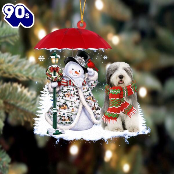 Old English Sheepdog With Snowman Christmas Ornament, Gift For Christmas
