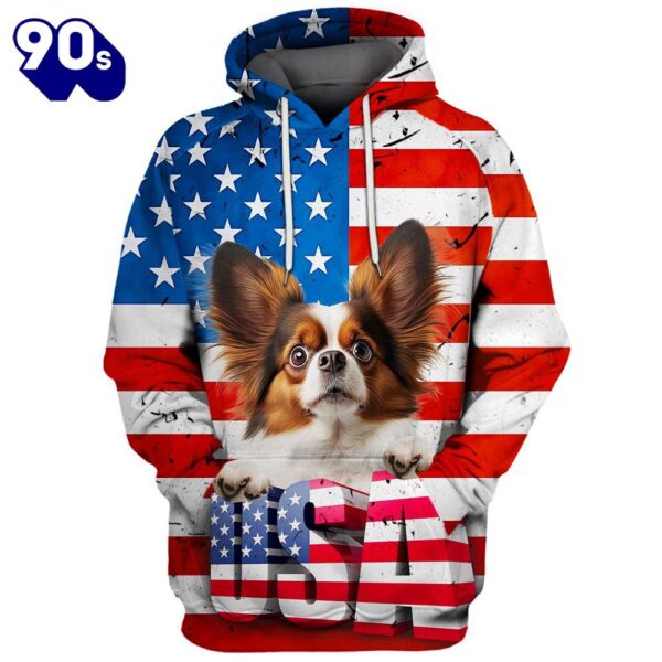 Papillon Dog 3D Face Graphic Premium America Flag Hoodie   Gift Christmas